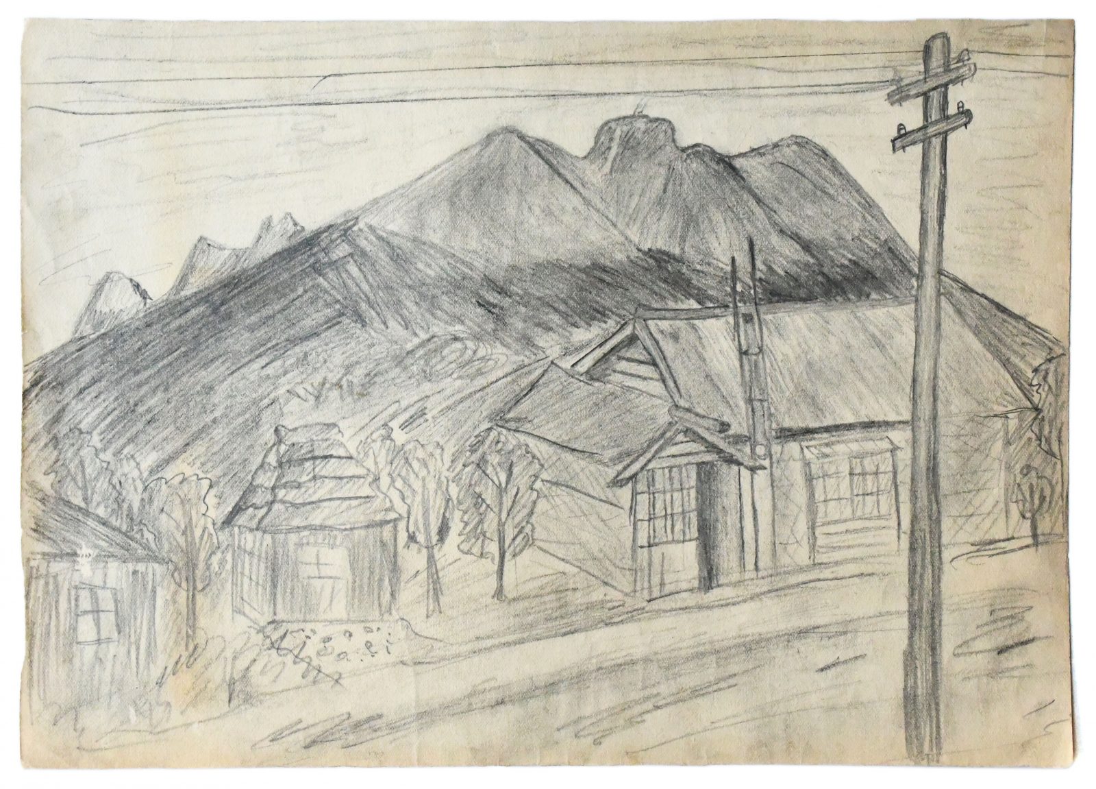 山と家屋のある子供の描いた白黒の風景画